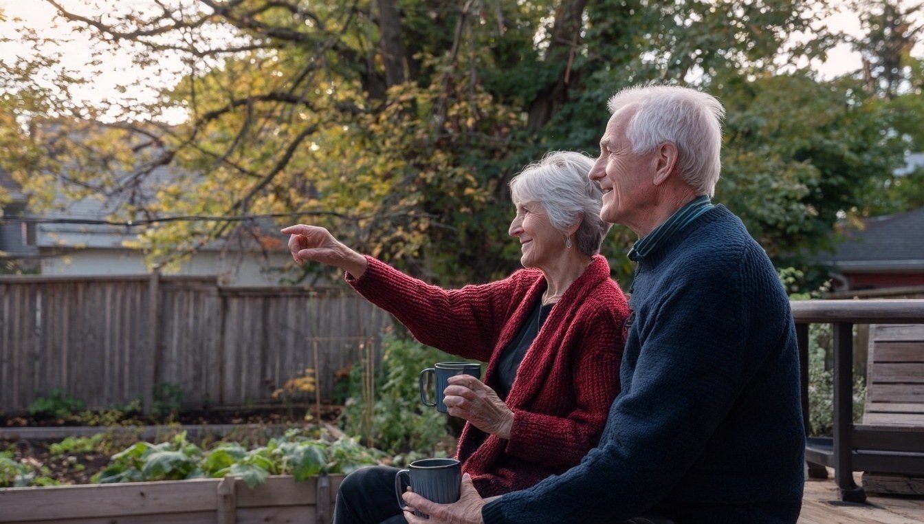 Senior couple on their backyard deck, she points toward the garden